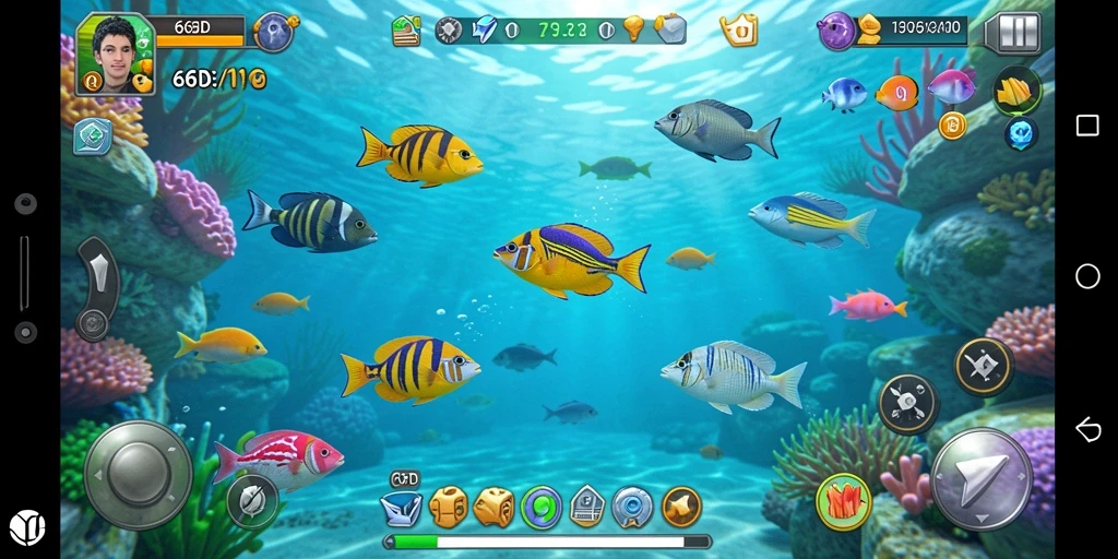 Tampilan gameplay 66D saat memburu ikan berwarna-warni.