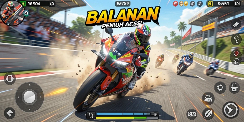 Screenshot utama EE789 menampilkan balapan motor yang menarik dengan trek menantang.