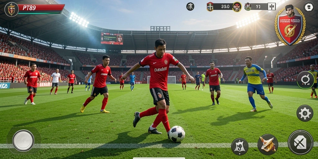 Tangkapan layar gameplay PT89 dengan aksi seru di lapangan sepak bola.