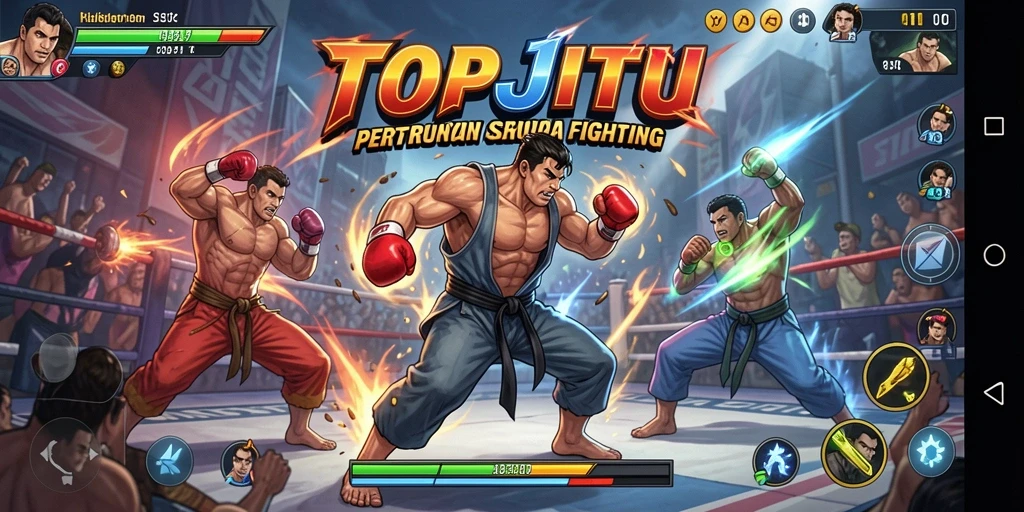 Screenshot menampilkan pertarungan seru dalam TOPJITU dengan karakter berkualitas tinggi.